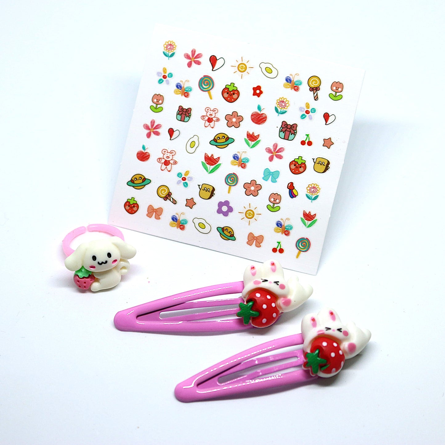 Bunny Strawberry Delight Combo - Hair Clips, Bunny Ring, and Nail Stickers