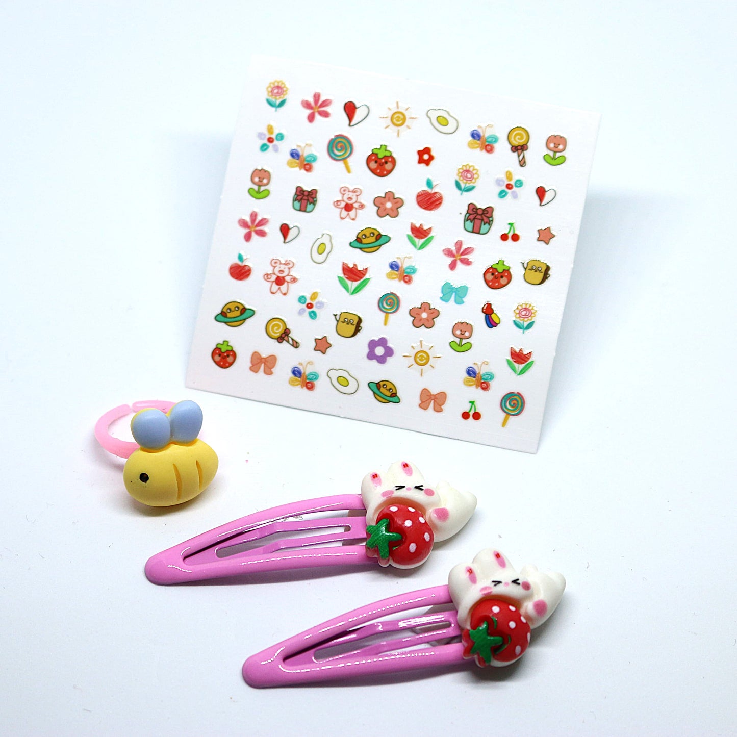 Strawberry Bunny Accessories Combo - Hair Clips, Bee Ring, and Nail Stickers