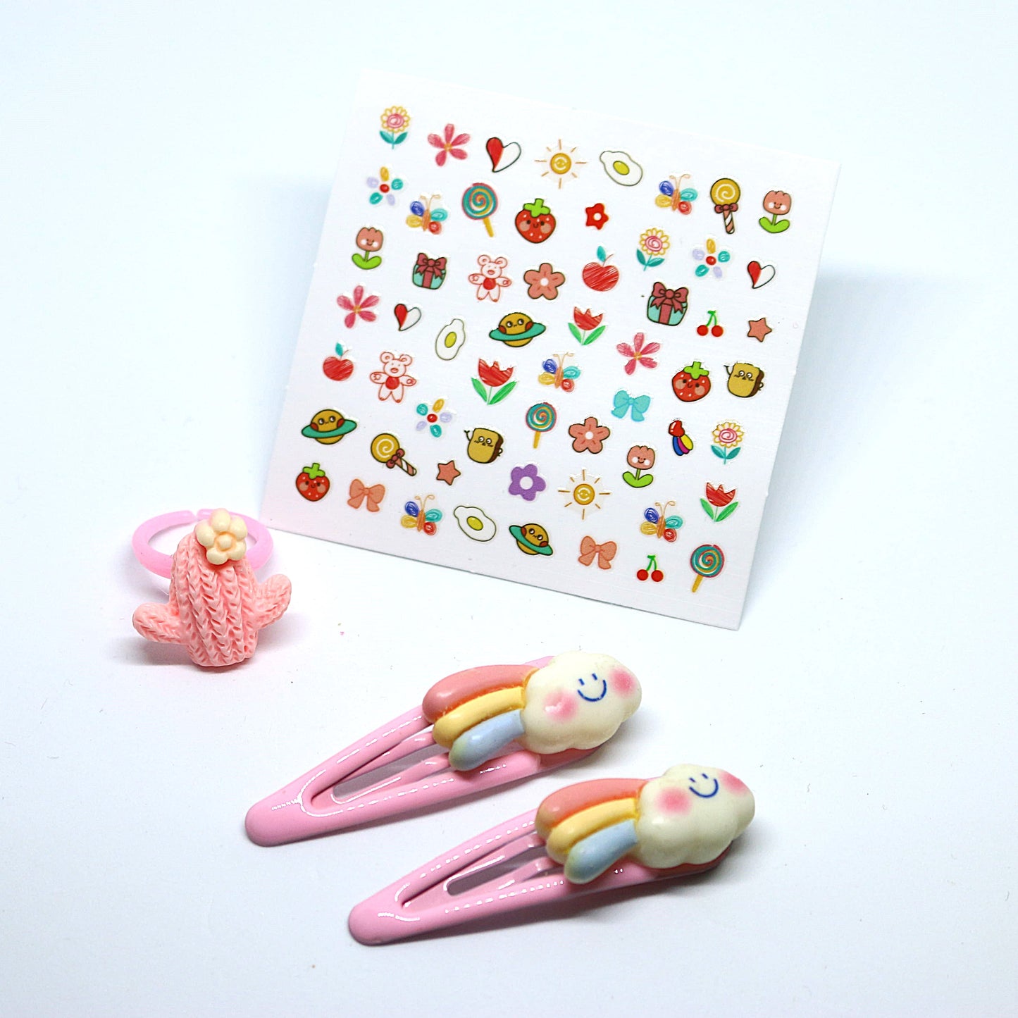 Cloudy Rainbow Cactus Combo - Hair Clips, Cactus Ring, and Nail Stickers