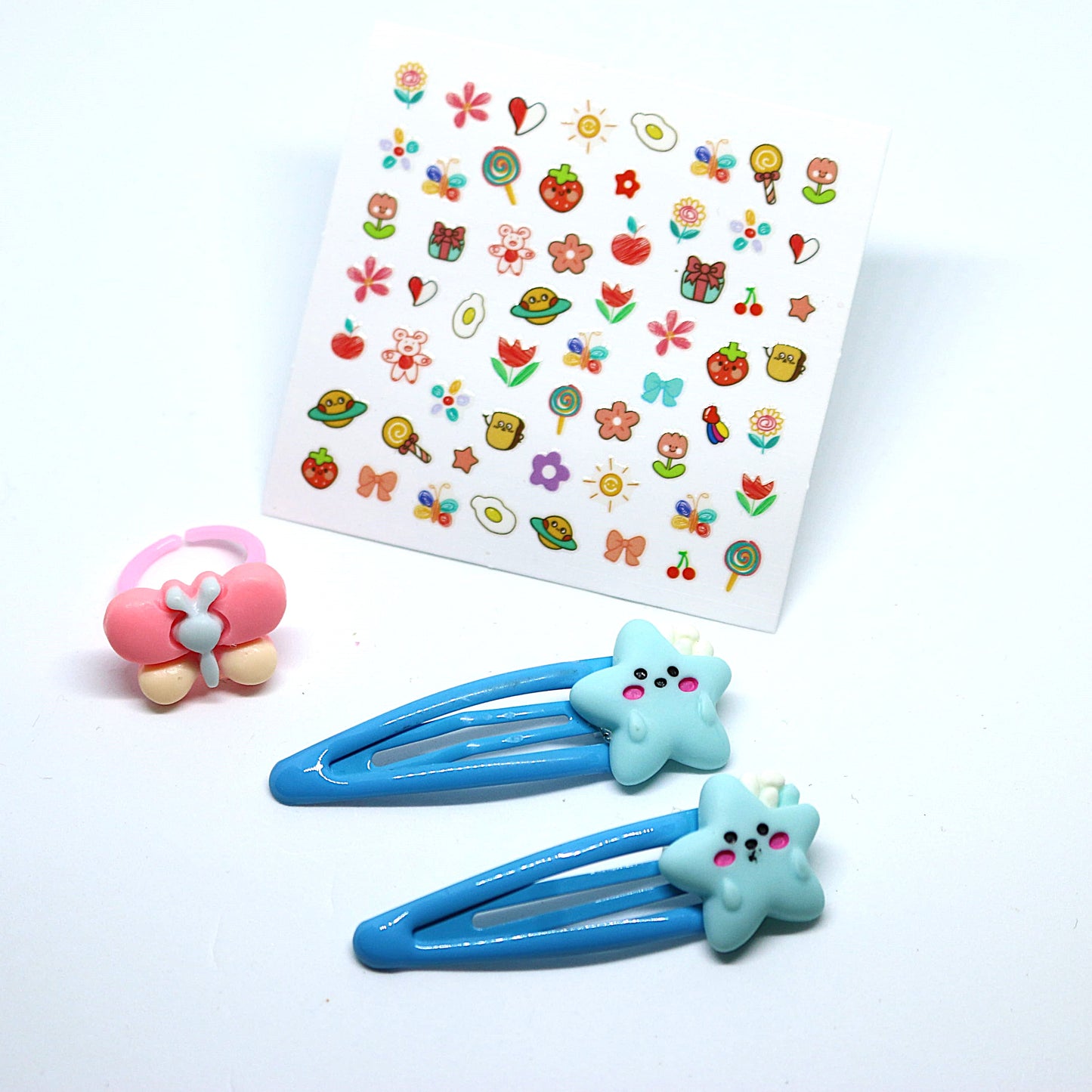 Adorable Star-Themed Kids' Hair Accessories Combo - Hair Clips, Butterfly Ring, and Colourful Nail Stickers