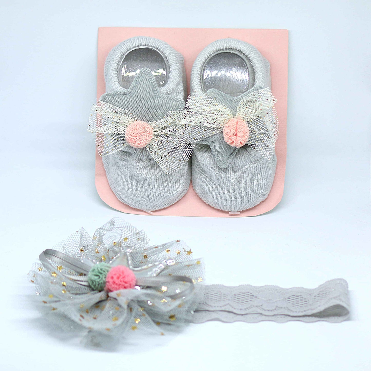 Grey and Peach Pom-Pom Socks and Hairband Set