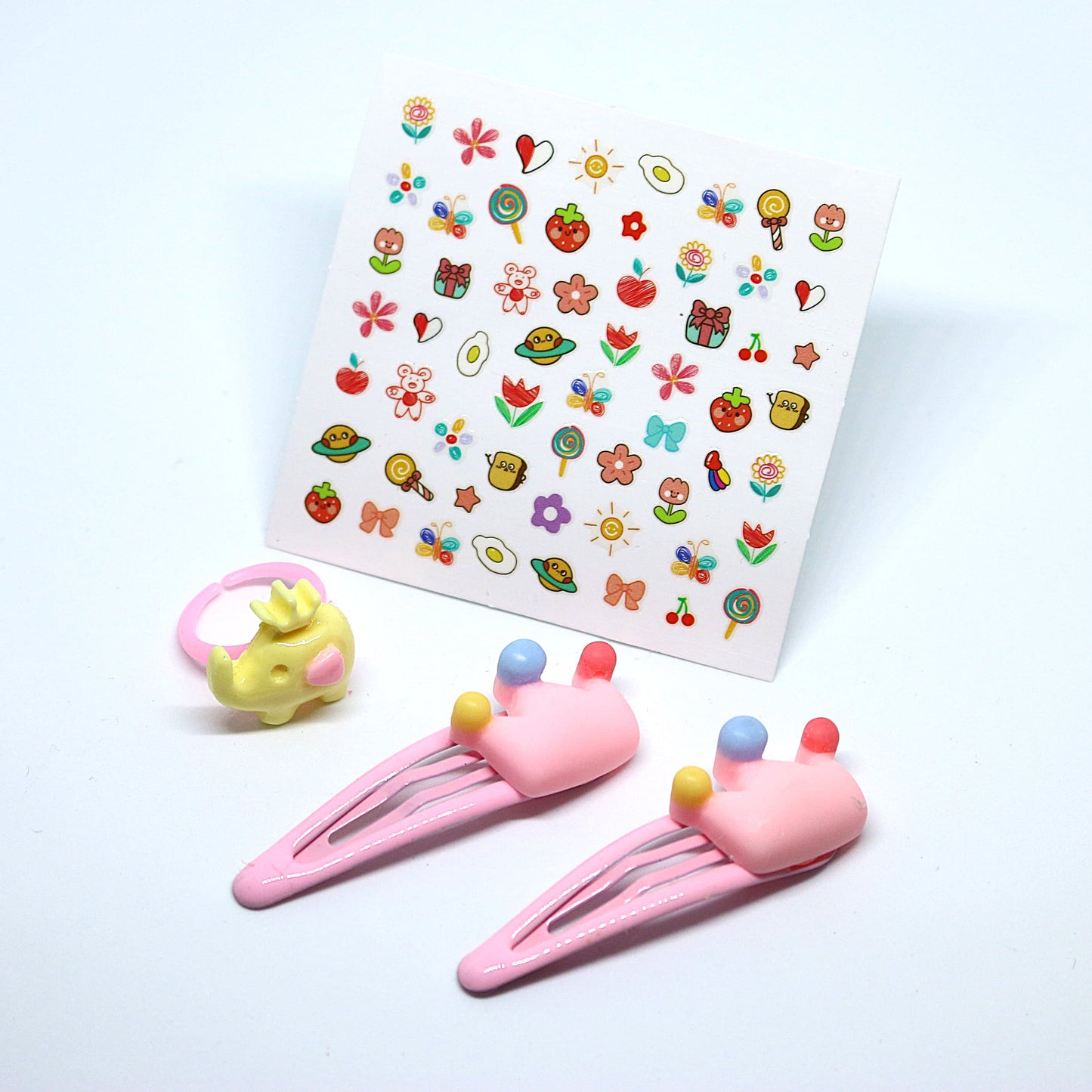 Playful Kids' Hair Accessories Combo - Crown Hair Clips, Elephant Ring, and Colourful Nail Stickers