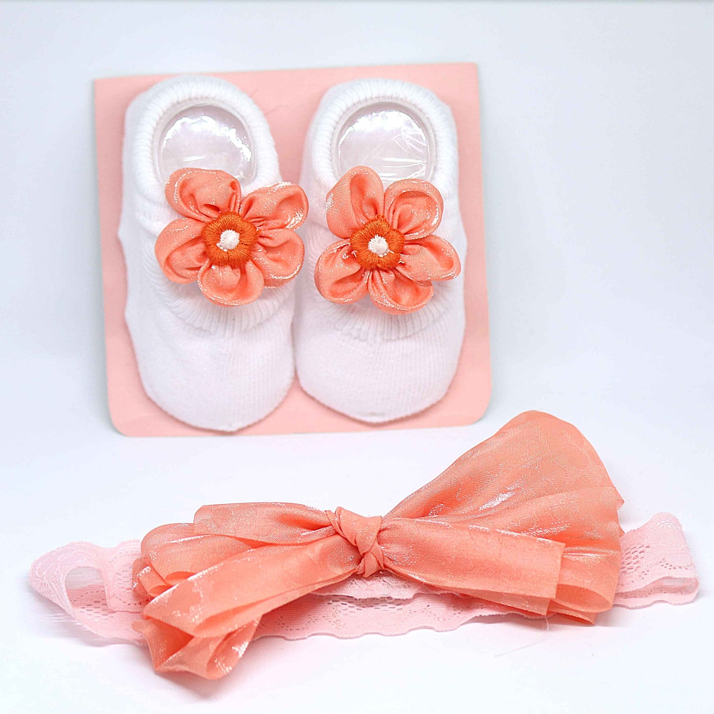 White and Peachy Orange Floral Socks and Hairband Set