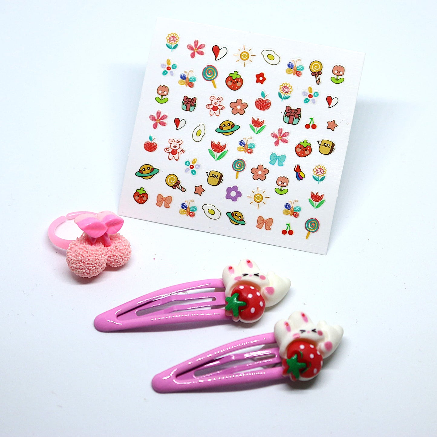Berry Bunny Combo - Hair Clips, Cherry Bow Ring, and Nail Stickers
