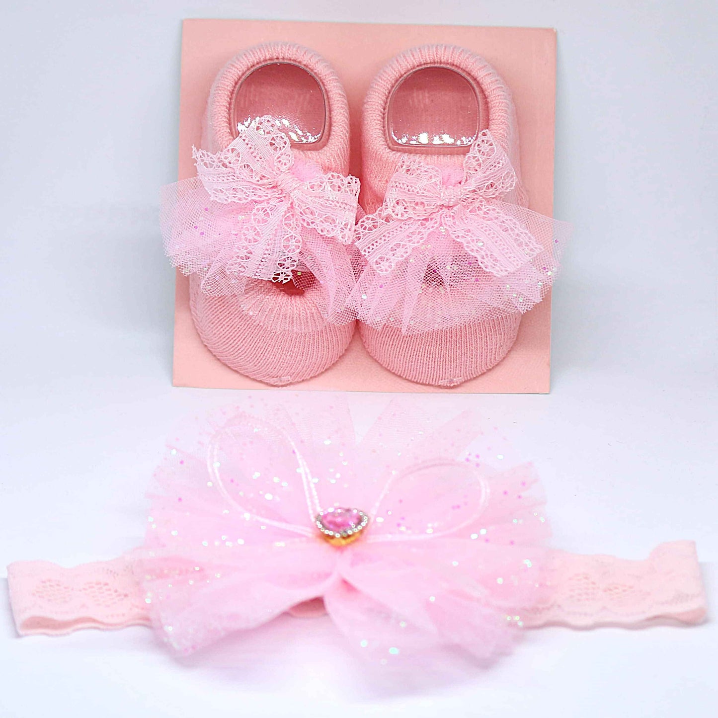 Pastel Pink Bow Baby Socks and Matching Hairband