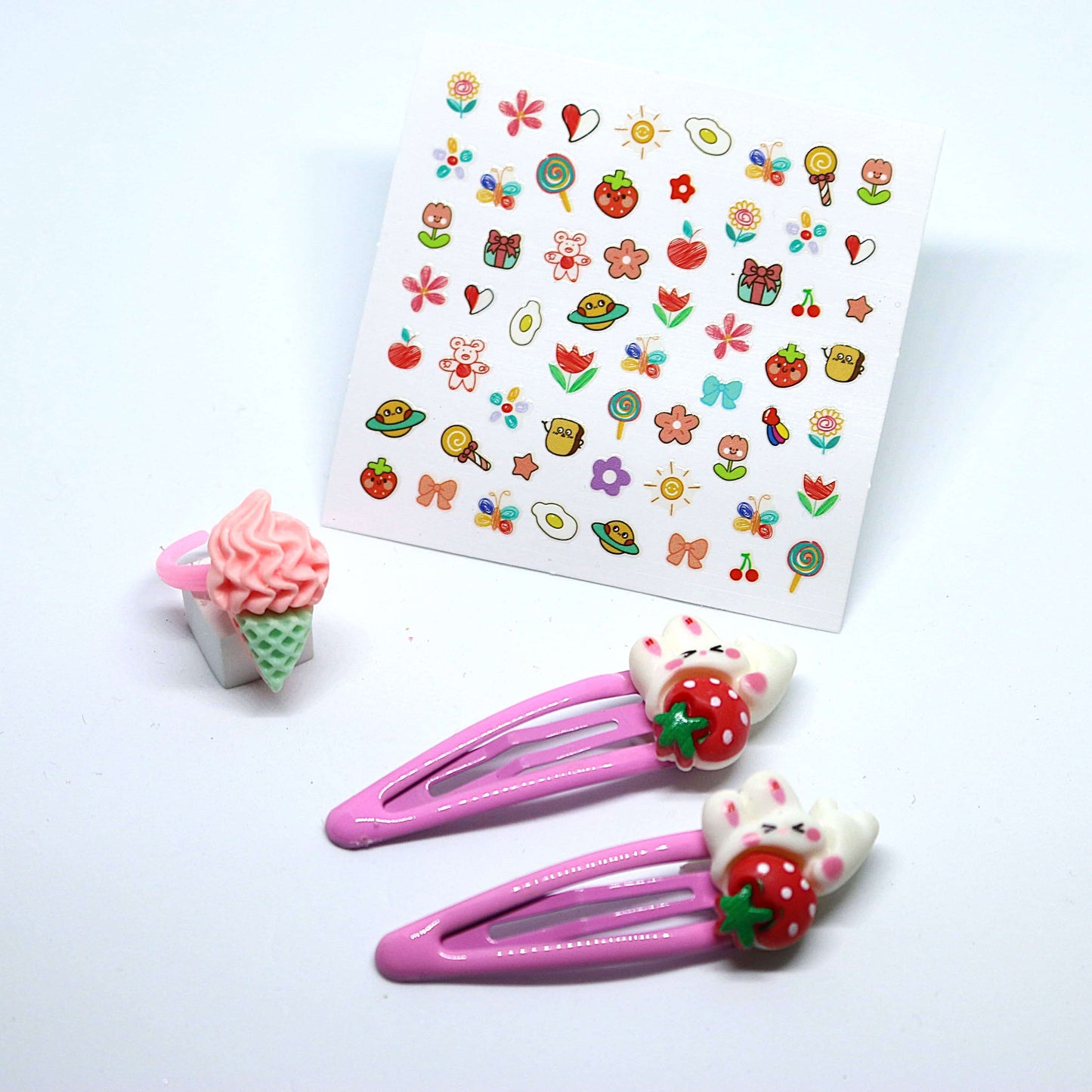 Strawberry Bunny Combo - Hair Clips, Ice Cream Ring, and Nail Stickers