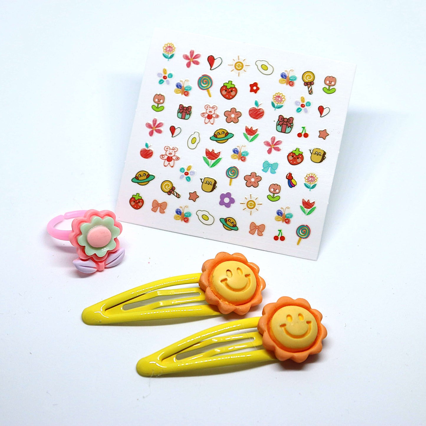 Flower Glow Combo - Hair Clips, Floral Ring, and Nail Stickers