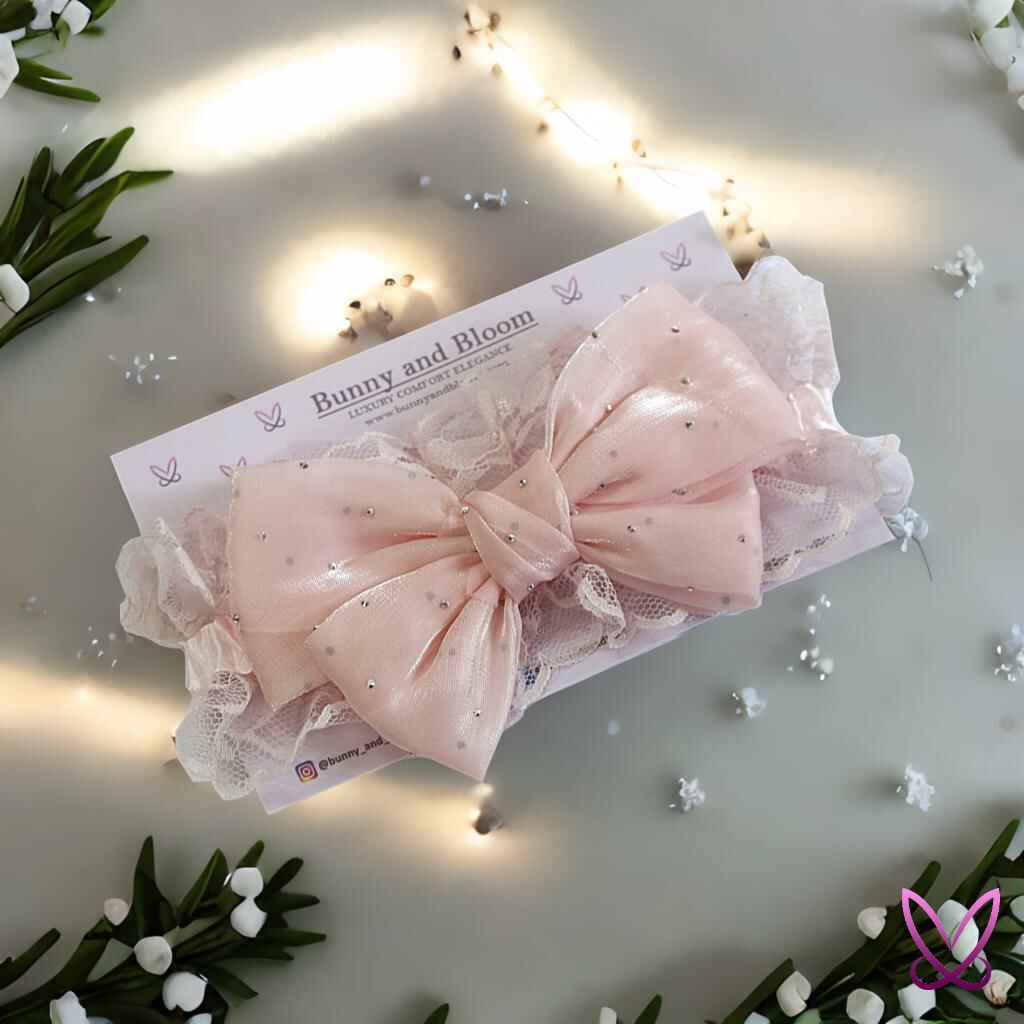 Silver Stud Netted Bow Type Hairband - Baby Pink