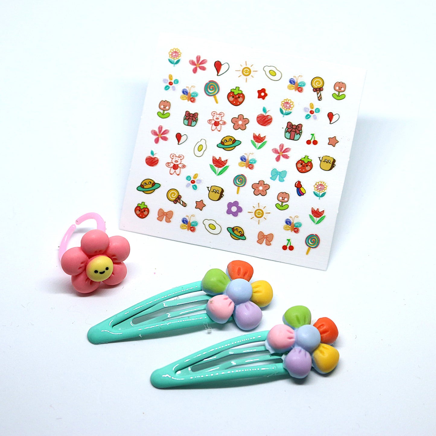 Pastel Bloom Combo - Hair Clips, Flower Ring, and Nail Stickers