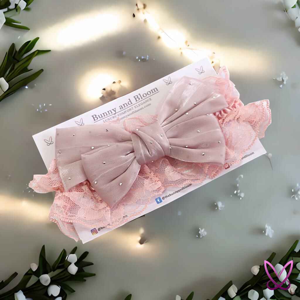 Silver Stud Netted Bow Type Hairband - Rose gold