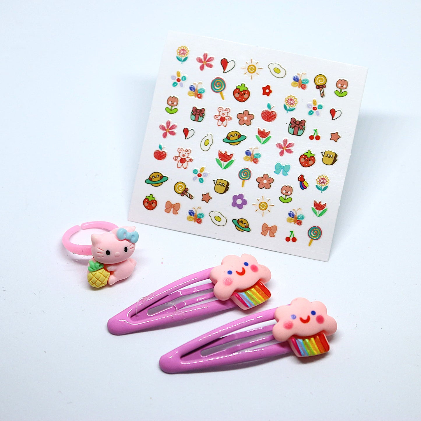Rainbow Cloud Combo - Hair Clips, Kitty Ring, and Nail Stickers