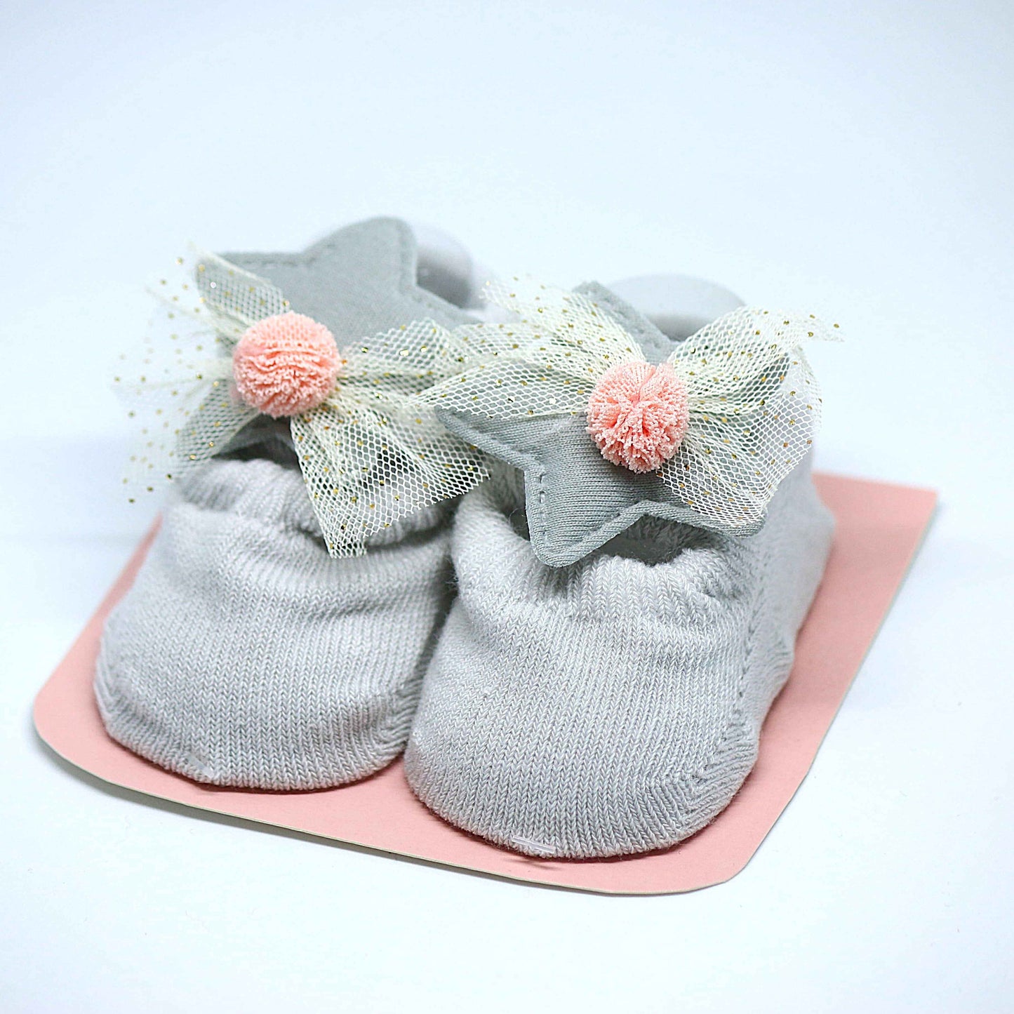 Grey and Peach Pom-Pom Socks and Hairband Set