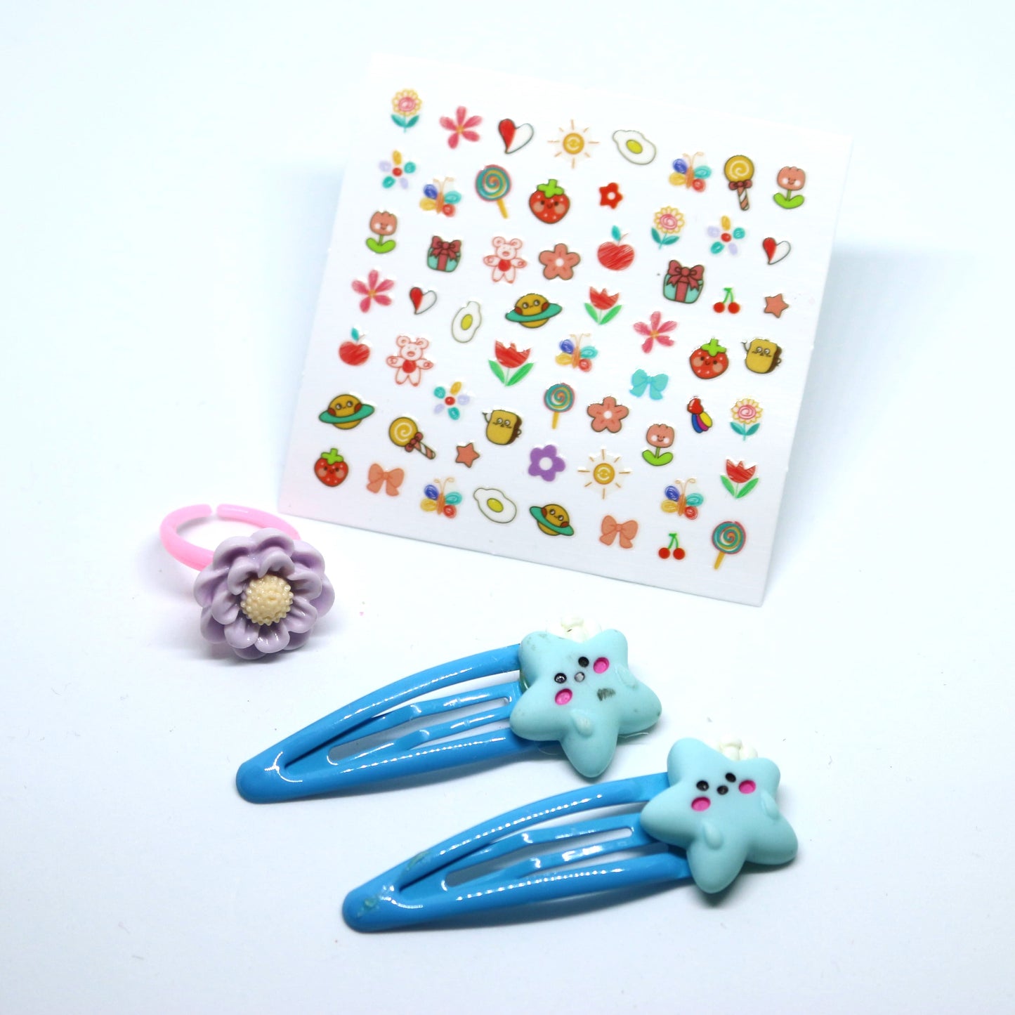 Twinkling Star Charm Combo - Hair Clips, Flower Ring, and Nail Stickers