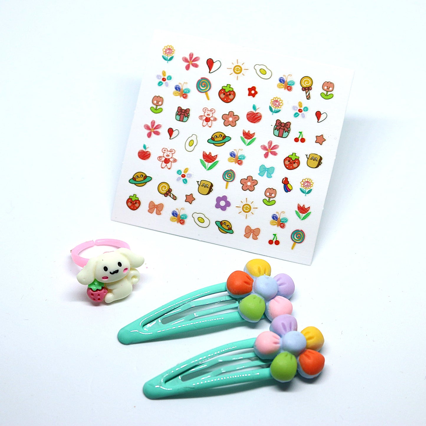 Blooming Bunny Delight Combo - Hair Clips, Bunny Ring, and Nail Stickers