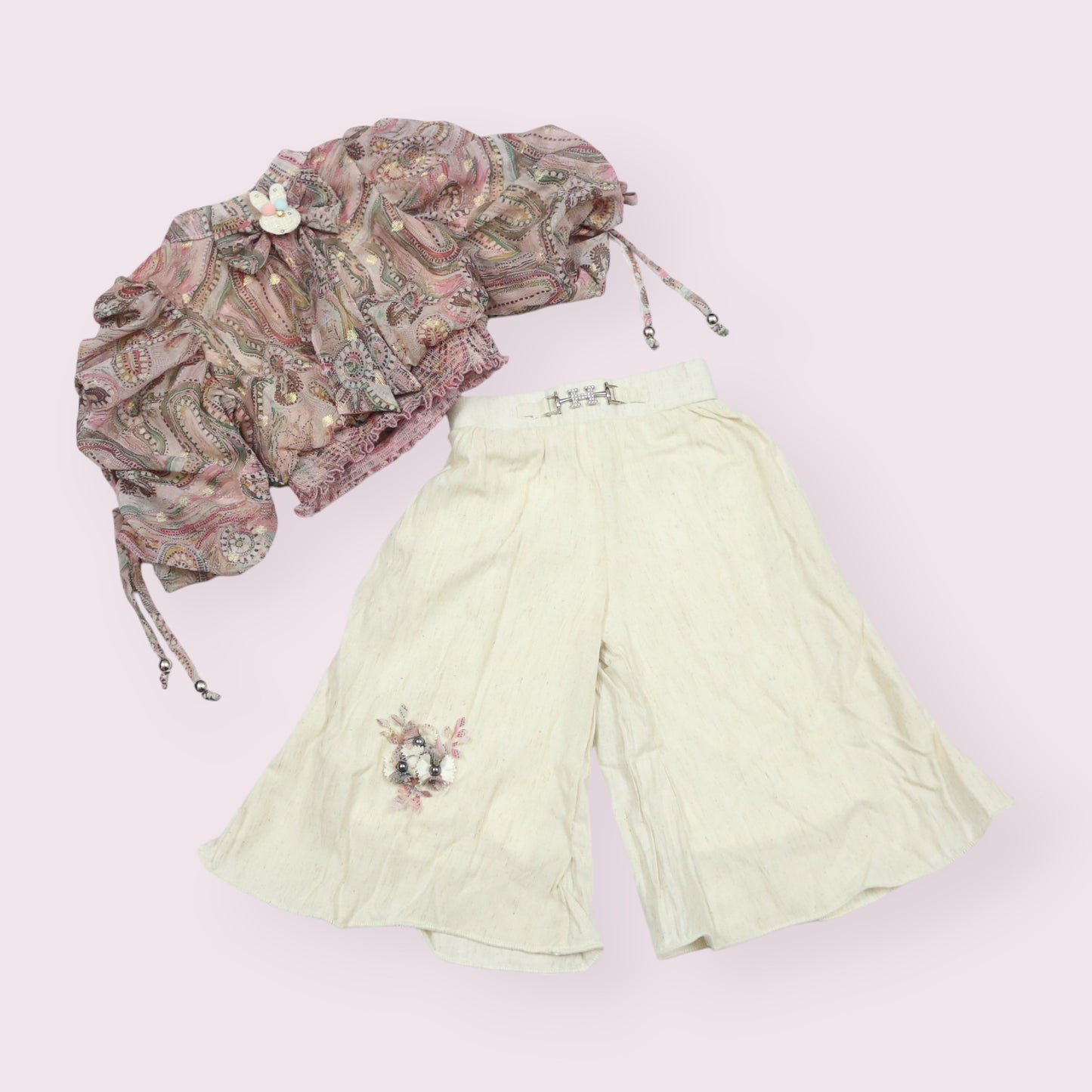 Pink Paisley Puff Sleeve Top & Beige Wide-Leg Pants Set