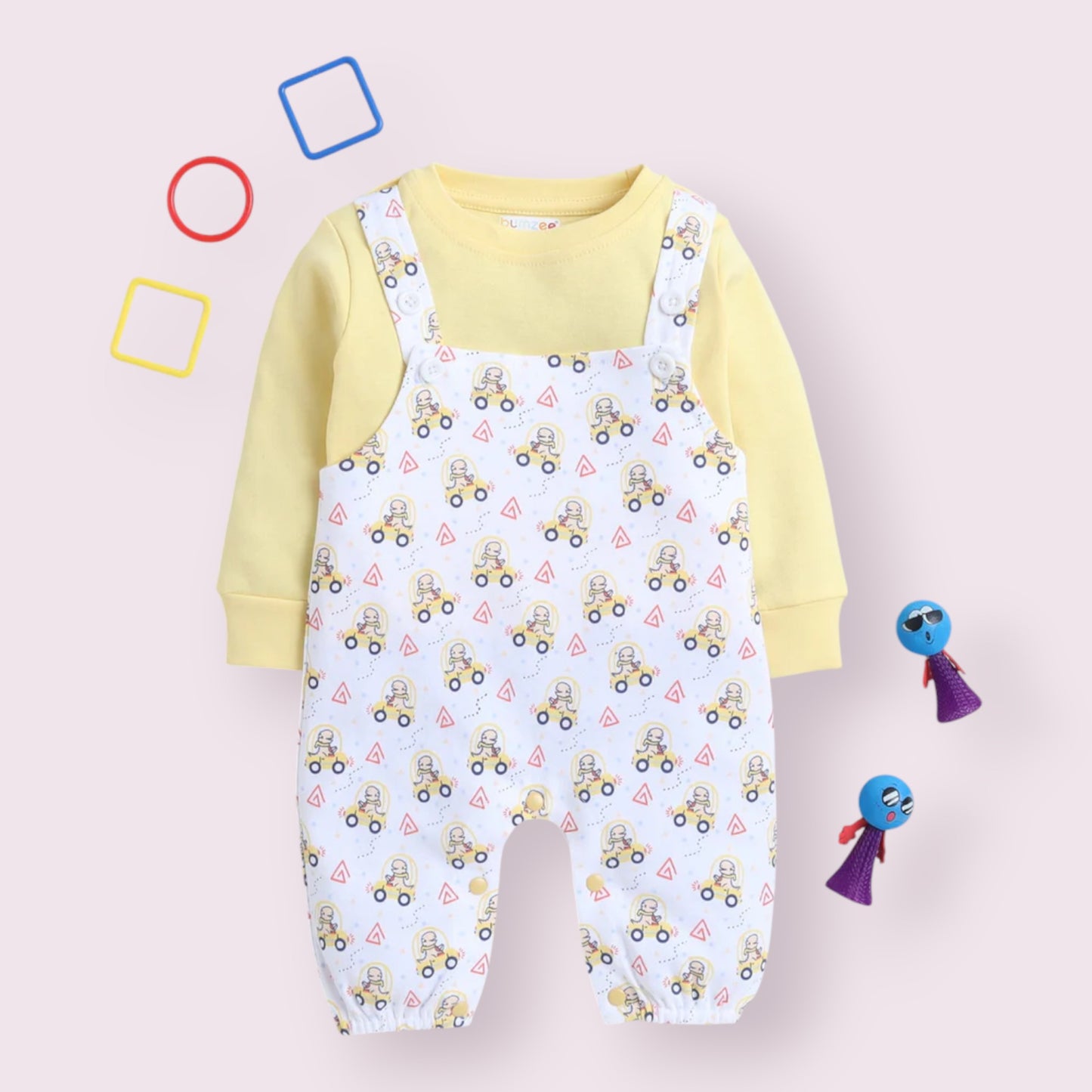 Yellow Car Print Dungaree Set - Long Sleeve Top & Overalls