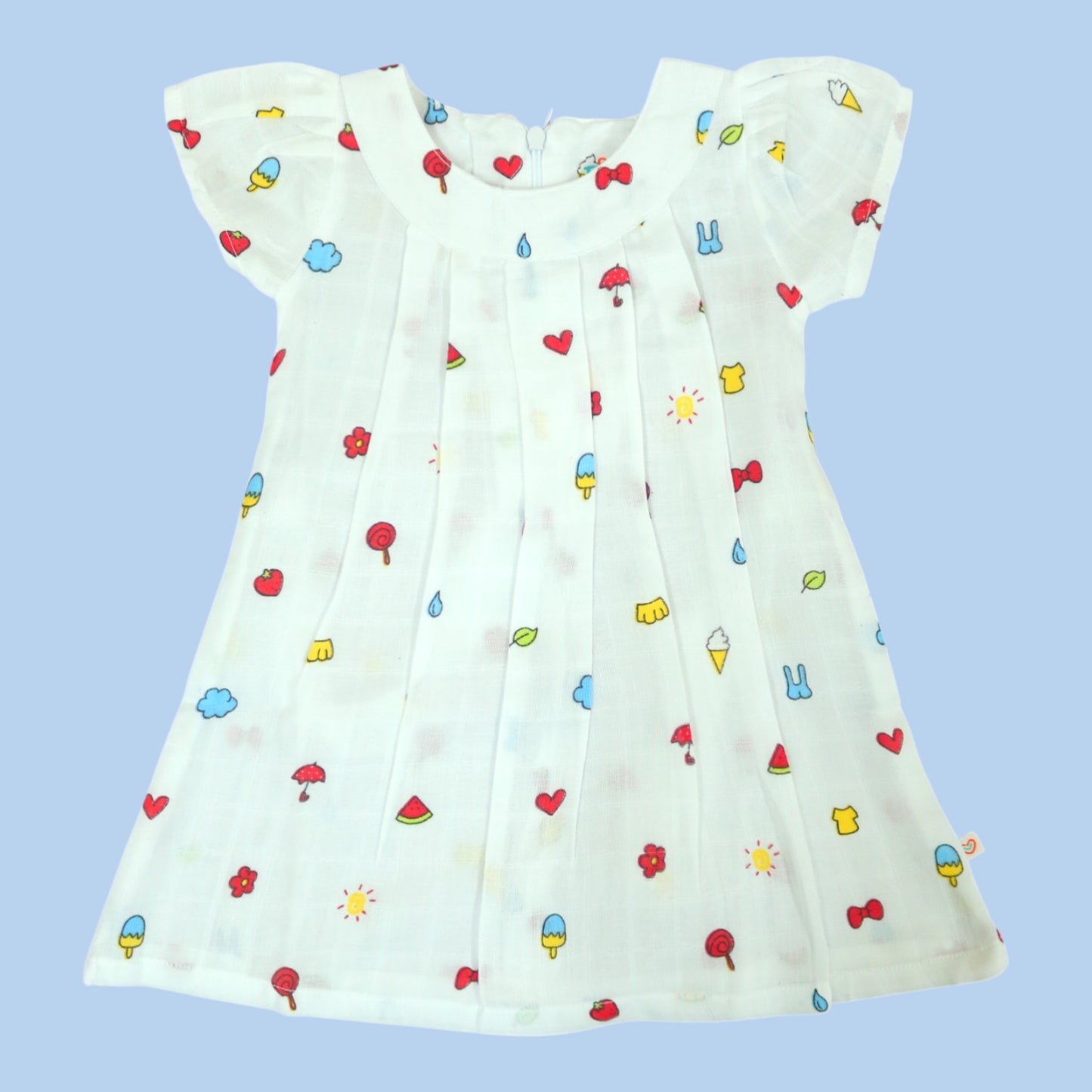Colorful Icon Sleeved Muslin Frill Frock