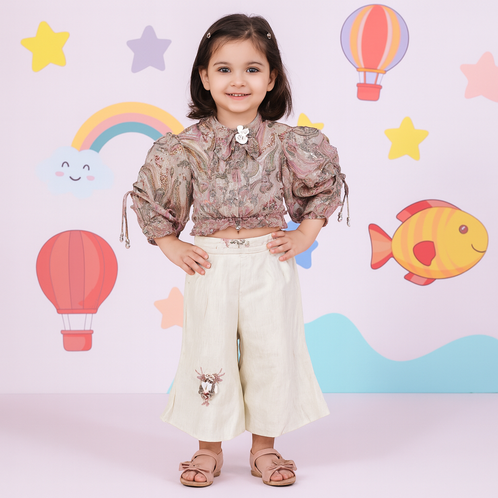 Pink Paisley Puff Sleeve Top & Beige Wide-Leg Pants Set