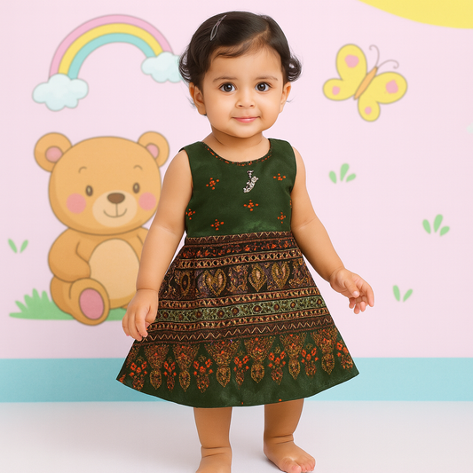 Olive Green Ethnic Printed Sleeveless Frock