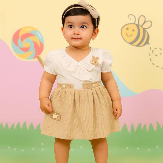 Cream & Beige Ruffled Party Frock Set – Elegant Korean Style
