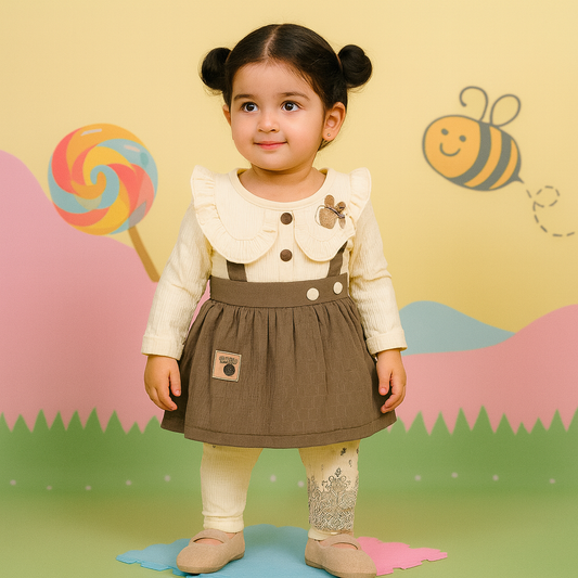 Cream & Brown Long-Sleeve Skirted Party Set – Elegant Baby Wear