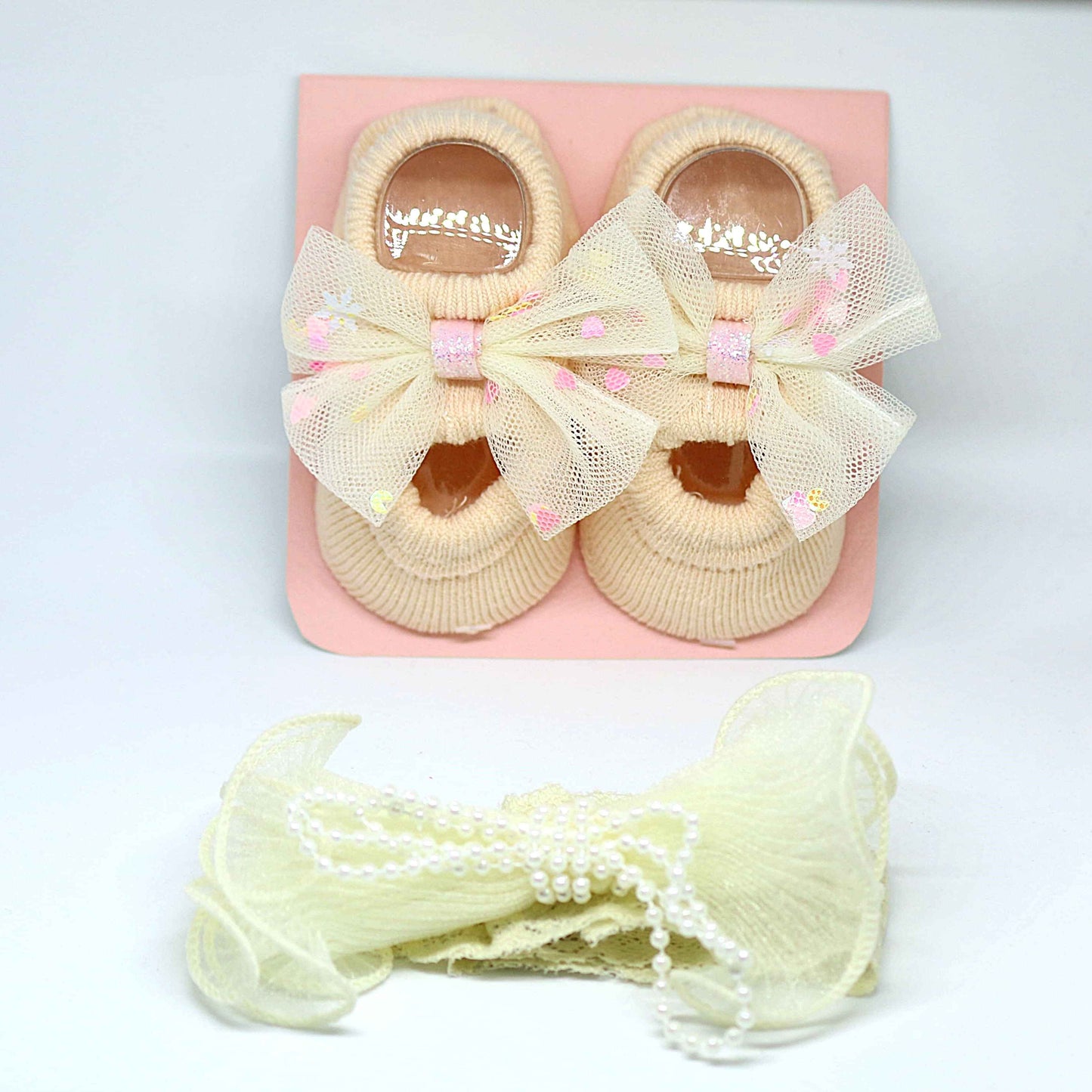 Cream Bow Baby Socks and Matching Pearl Hairband