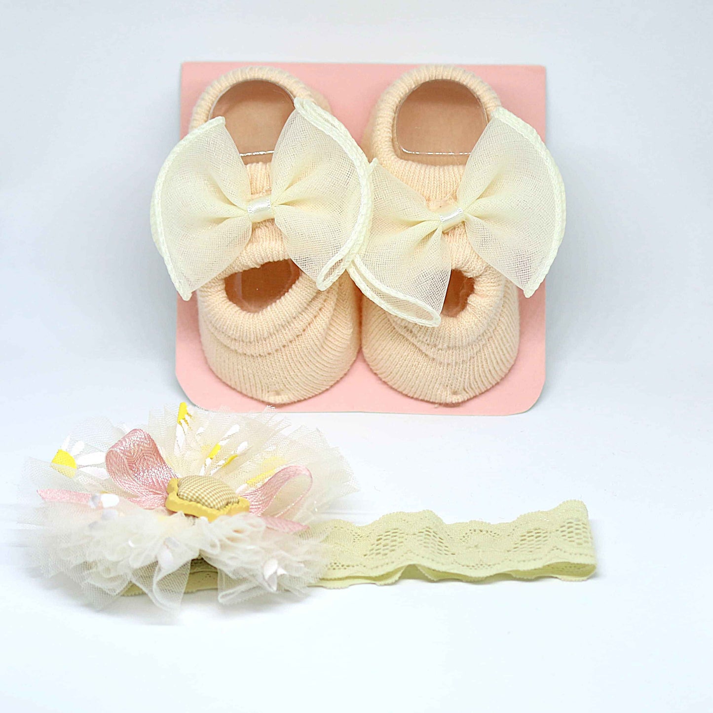Cream Flower Baby Socks and Matching Hairband