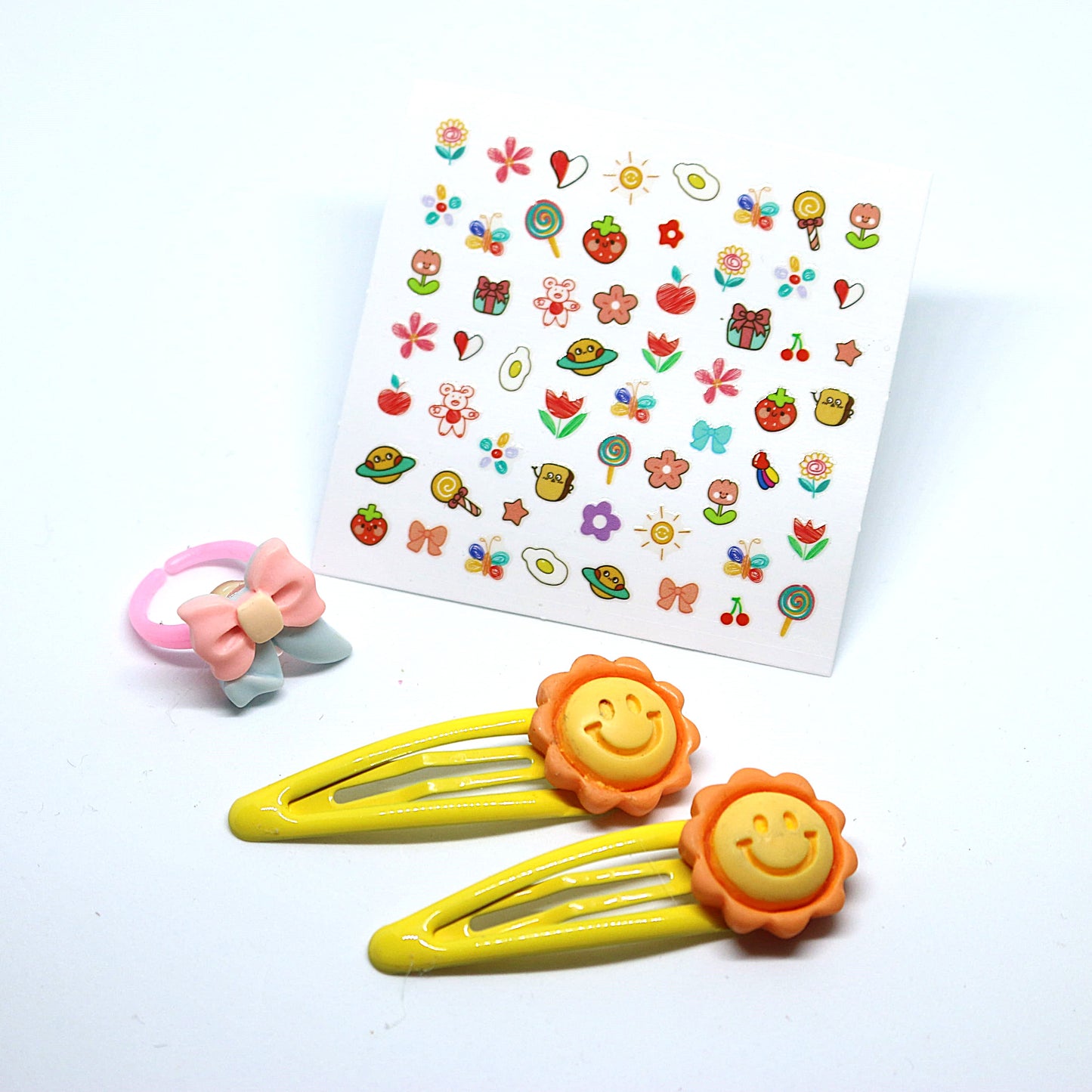 Sunshine Delight Combo - Hair Clips, Bow Ring, and Nail Stickers