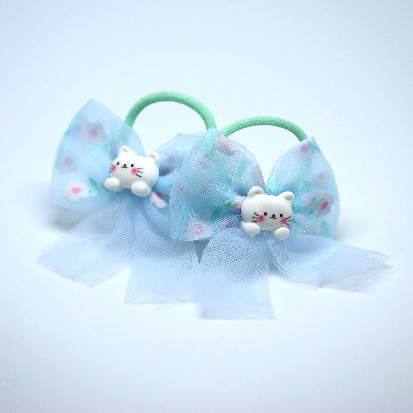 Blue Kitty Bow Hair Ties || Rubber Bands