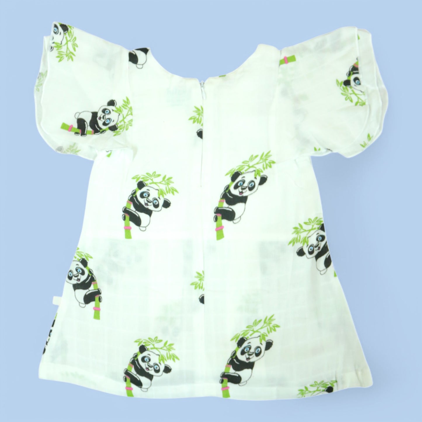 Panda Themed Butterfly-Sleeved Muslin Frock