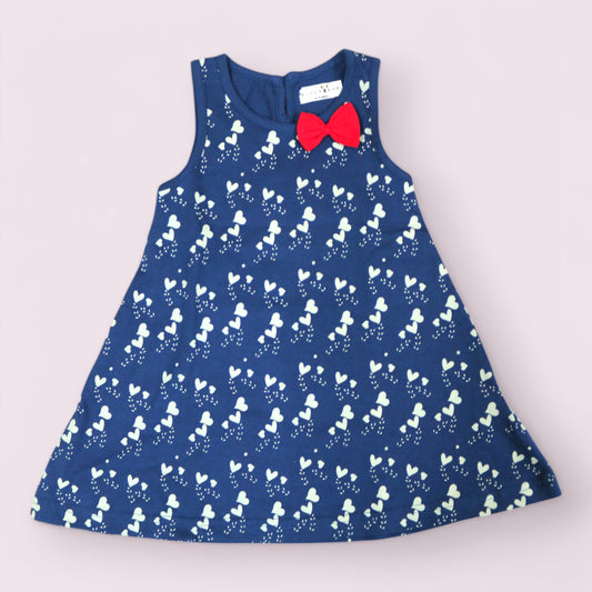 Navy Blue Sleeveless A-Line Dress with Red Bow Accent