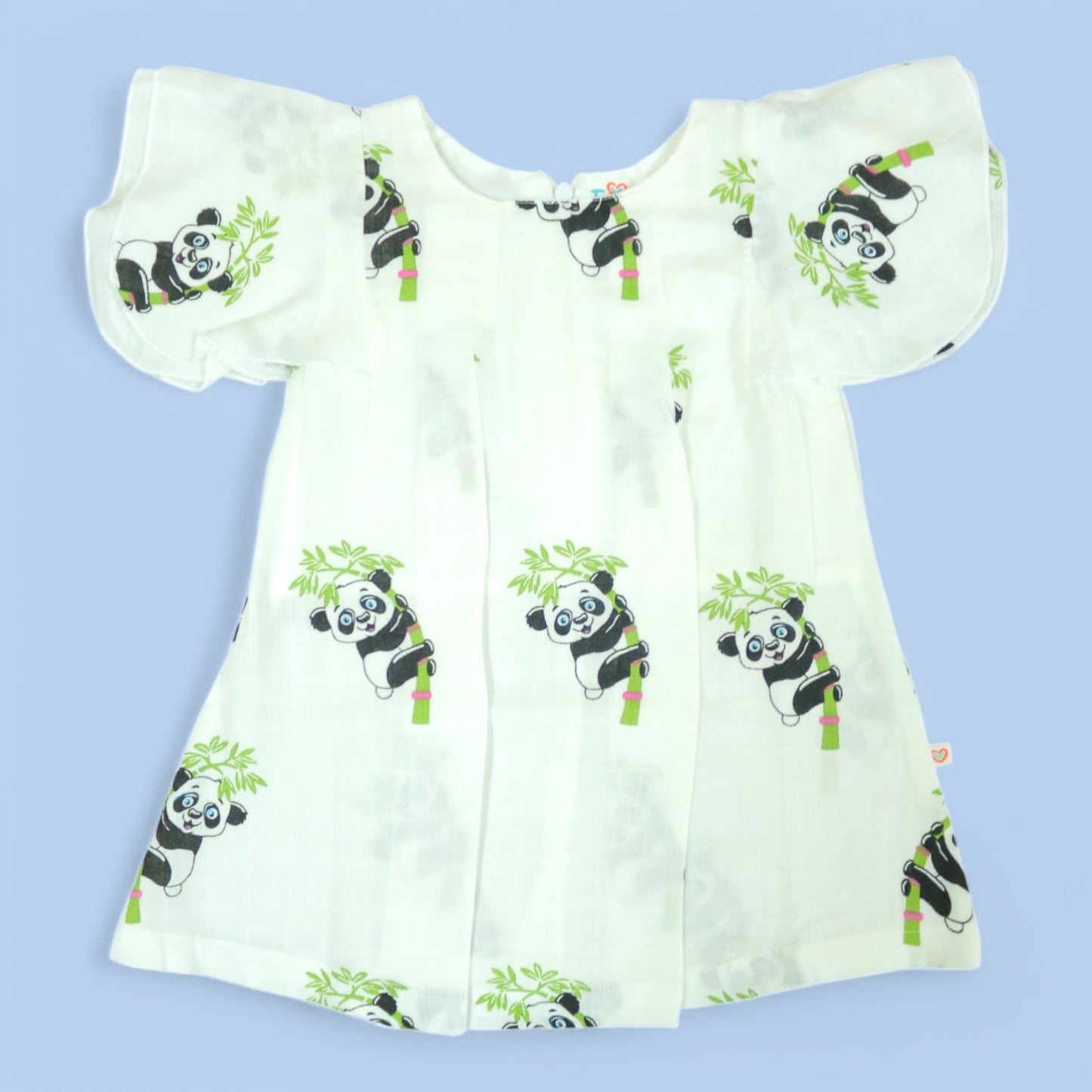 Panda Themed Butterfly-Sleeved Muslin Frock