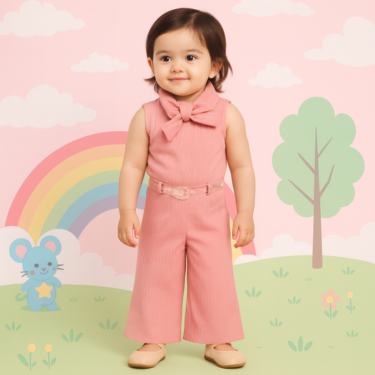 Stylish Pink Sleeveless Jumpsuit – Bow Tie Collar & Belted Design