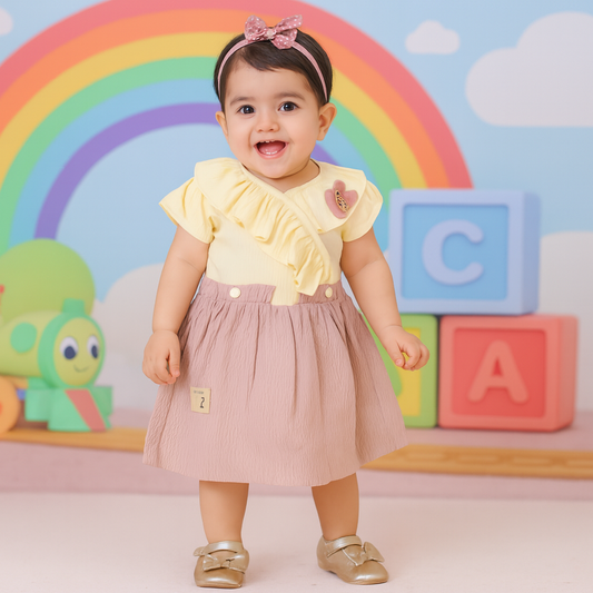 Cream & Lavender Frilled Short-Sleeve Frock Set