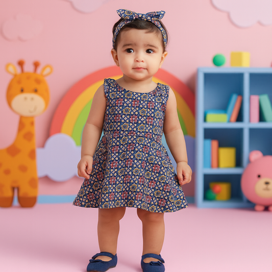 Navy Blue Ethnic Printed Sleeveless Party Frock