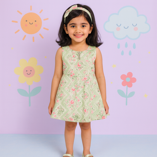 Mint Green Floral Pattern Sleeveless Frock