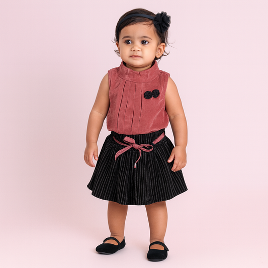 Luxurious Velvet Top & Skirt Set – Black and Dusty Rose Combo