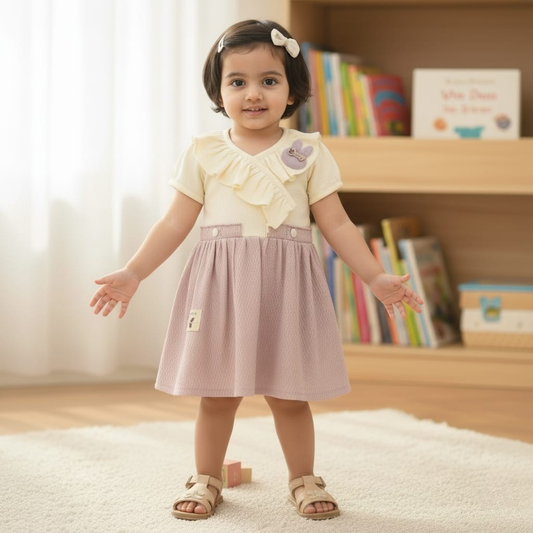 Cream & Lavender Frilled Short-Sleeve Frock Set