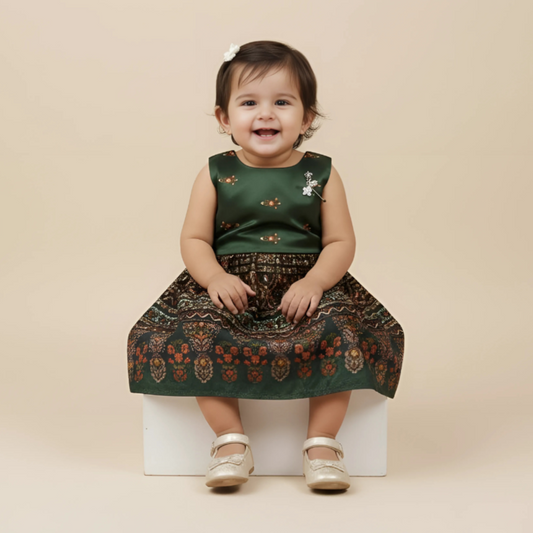 Olive Green Ethnic Printed Sleeveless Frock