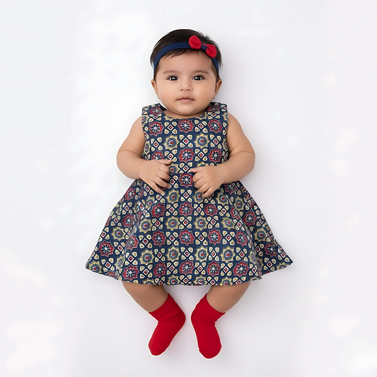 Navy Blue Ethnic Printed Sleeveless Party Frock