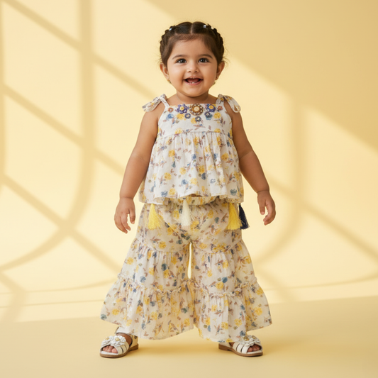 Floral Boho Top & Palazzo Set – Yellow and Blue Bloom