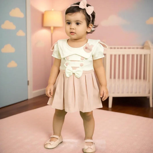 Blossom Korean-Style Pink & Cream Party Wear Frock with Bow Detail